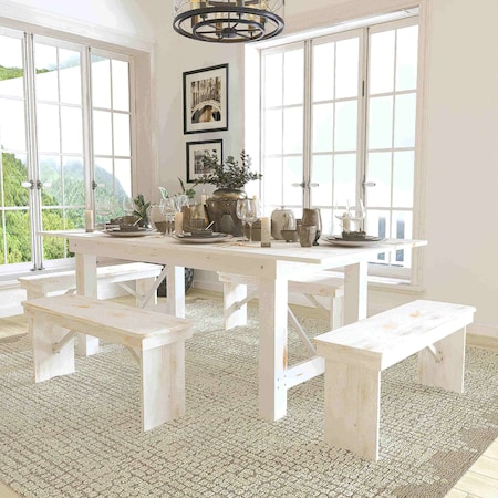 Flash Furniture 7'x40" White Table/4 Bench XA-FARM-1-WH-GG